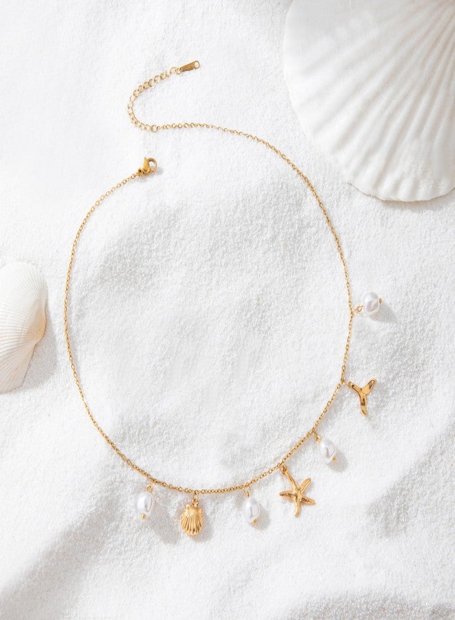 Sanyaa Charm Necklace for Women Pearl Starfish Seashell 14k Gold Summer Beach Surfer Jewelry Necklace Gifts (Mermaid Tail) - Image 5